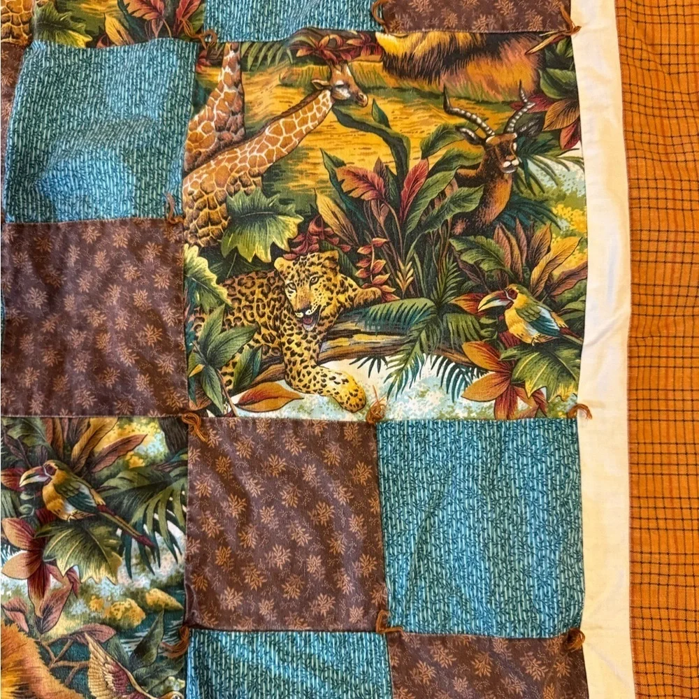 Jungle Printed Brown Handmade Reversible Quilt Elephants Leopards Lions 52 x 37